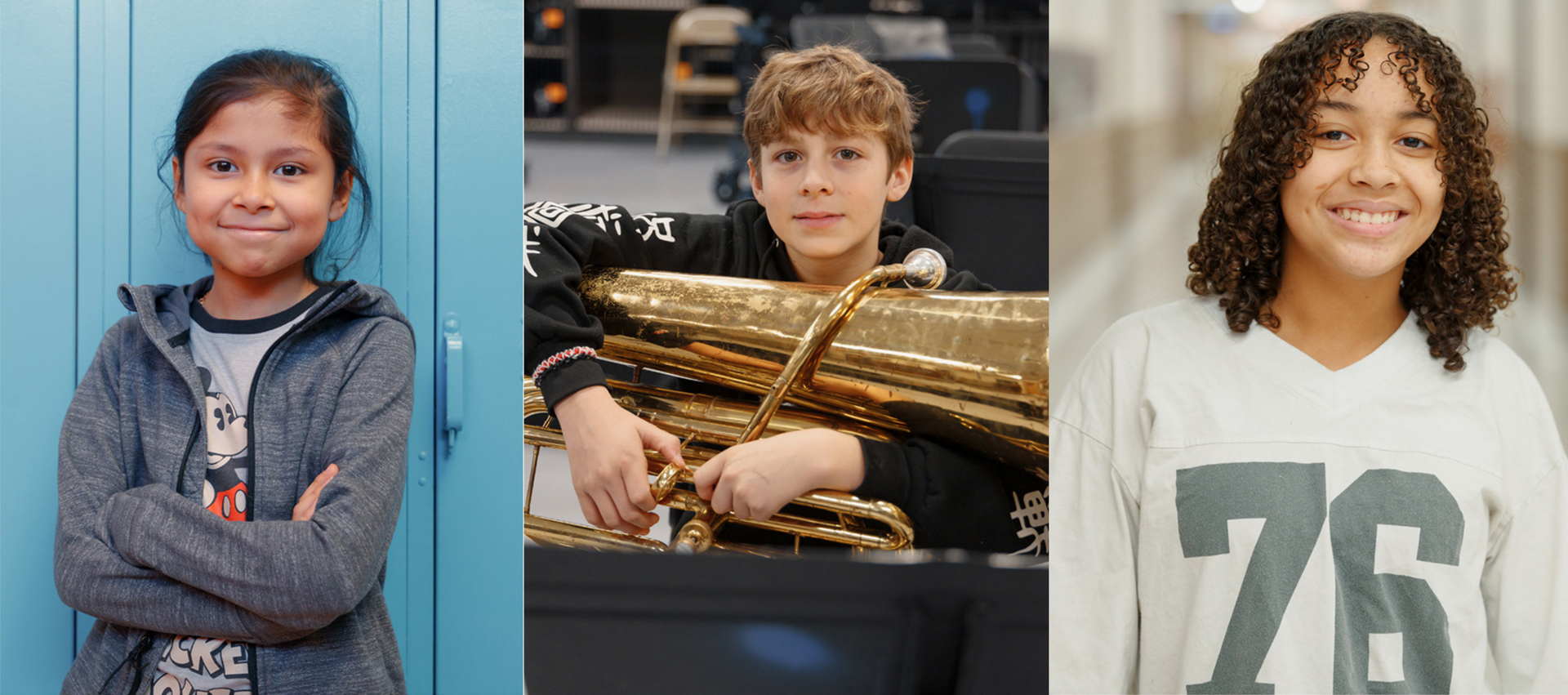 Three students smiling. One has arms crossed by a blue locker, one holds a tuba, and one wears a football jersey.