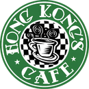 Hong Kong’s Cafe logo with black-and-white coffee cup, film reels, and checkered background in green circle