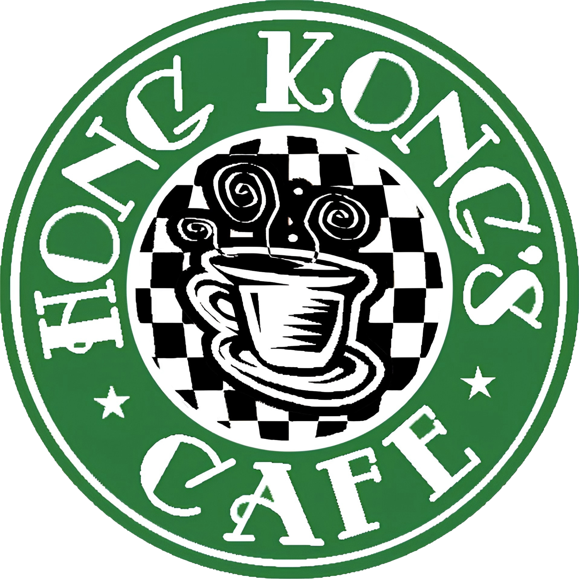Hong Kong&rsquo;s Cafe logo with black-and-white coffee cup, film reels, and checkered background in green circle