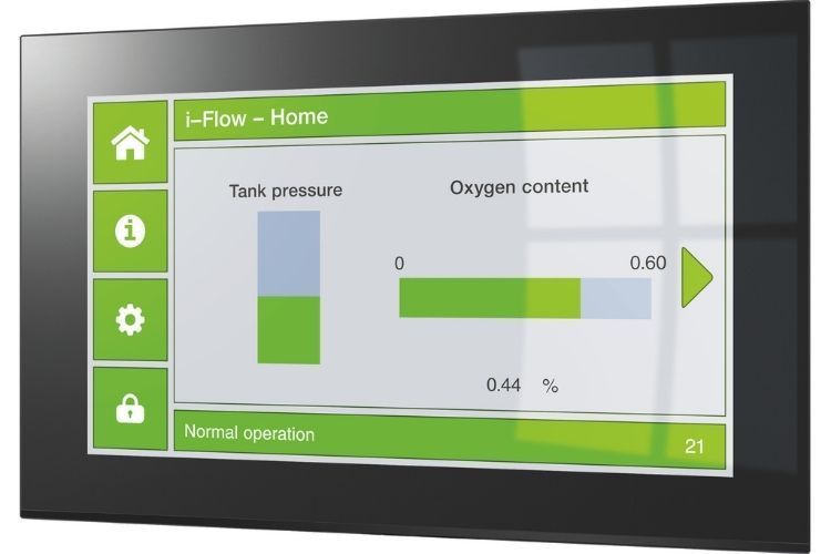 Industrial touchscreen dashboard showing tank pressure and oxygen content gauges on a green interface