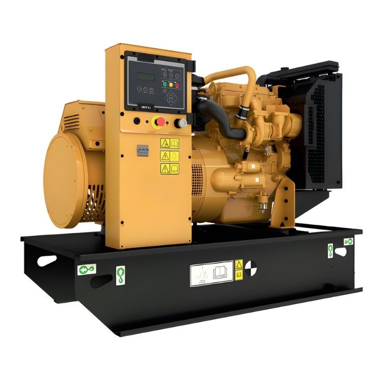 Yellow industrial generator on a black base with control panel and engine components visible.