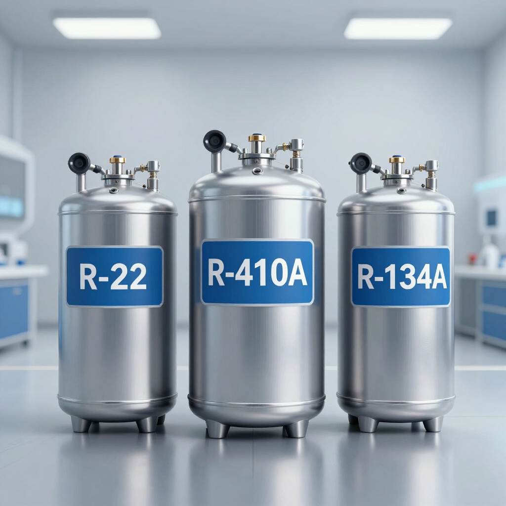 Three metal refrigerant cylinders labeled R-22, R-410A, and R-134A.