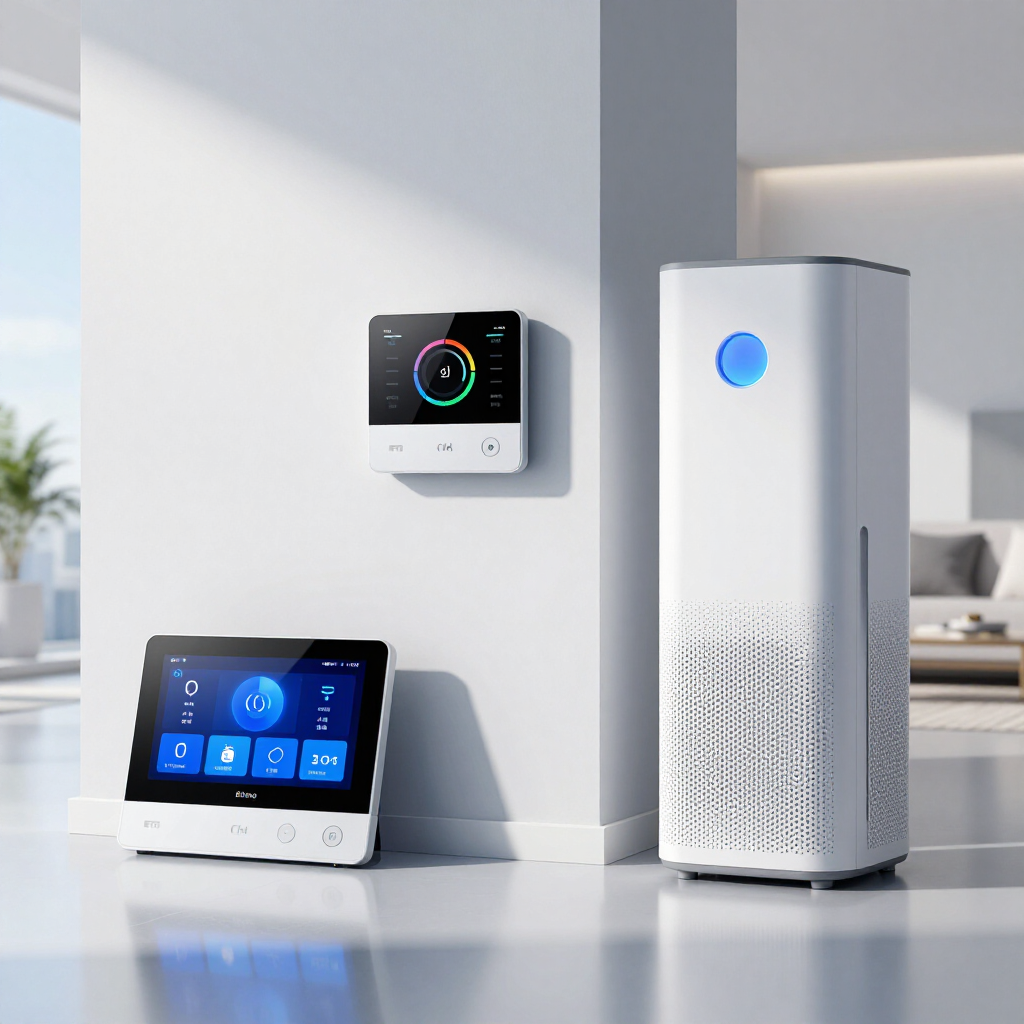 Smart home devices on a white wall: two touch panels and a tall air purifier with a blue light.