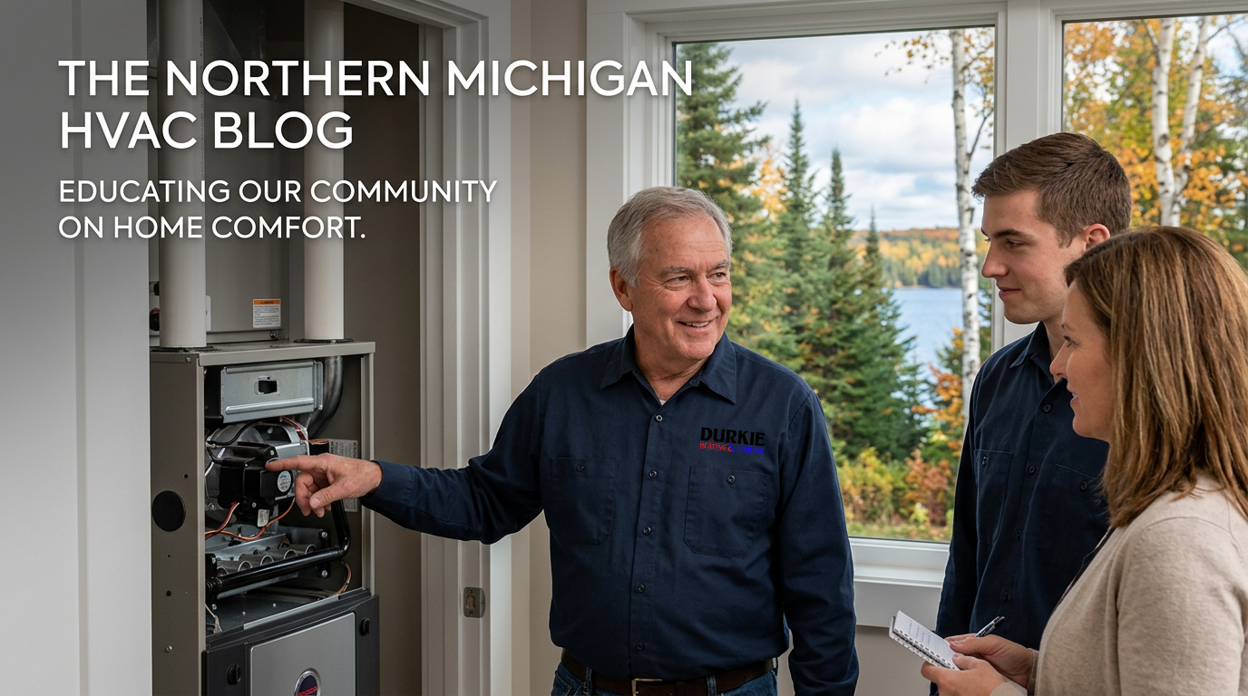 HVAC technician explaining a home comfort system to two customers in a bright living room