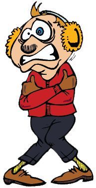 Home Page Cartoon character in a red jacket, blue pants, and earmuffs, standing with arms crossed and a worried expression