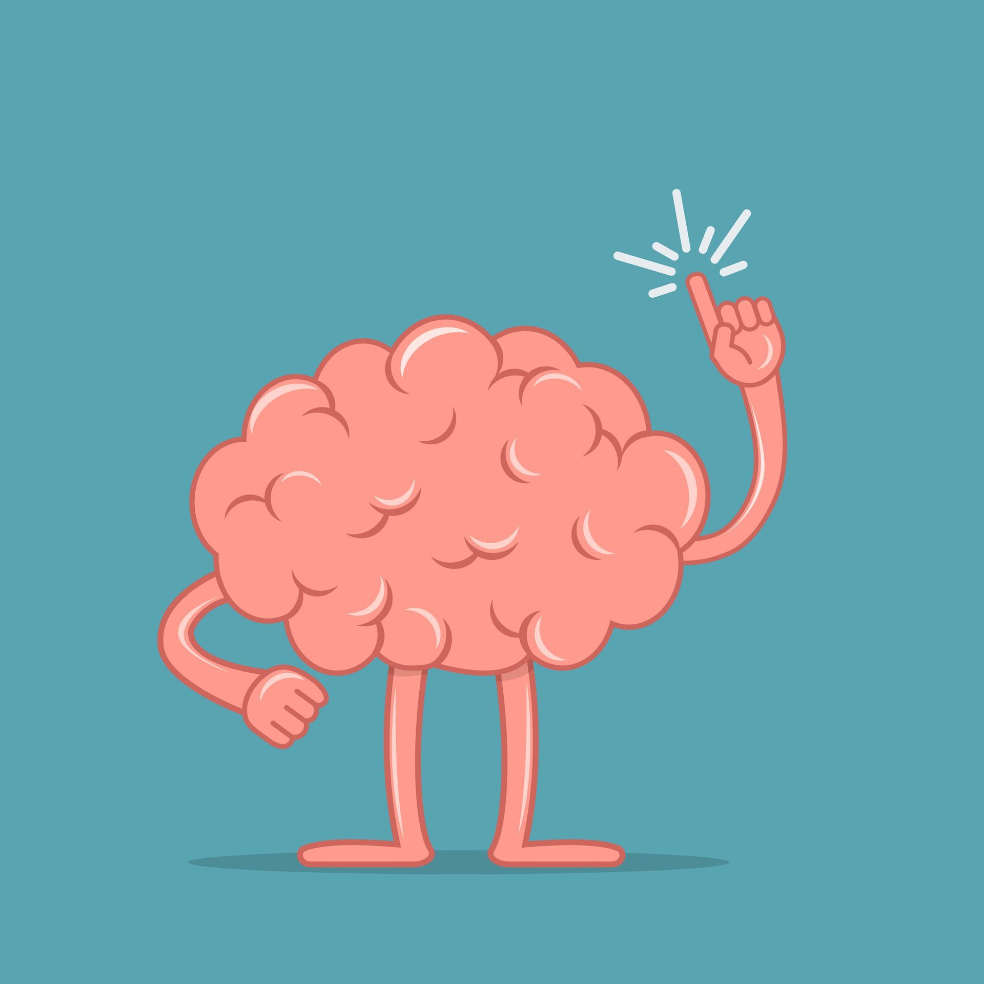 A cartoon brain with arms and legs is pointing up.