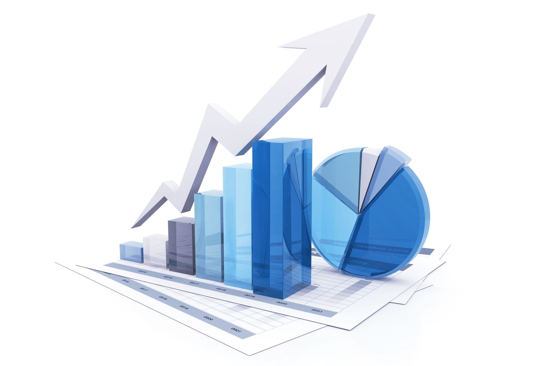 A graph with an arrow going up and a pie chart.