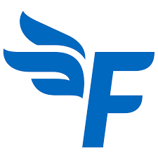 A blue letter f with wings on a white background.