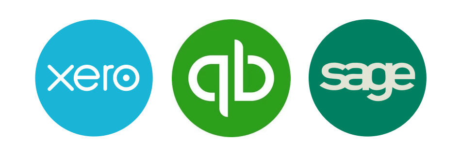 The logos for xero , qb , and sage are shown on a white background.