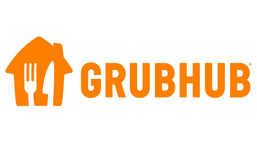 an orange logo for grubhub with a fork and spoon