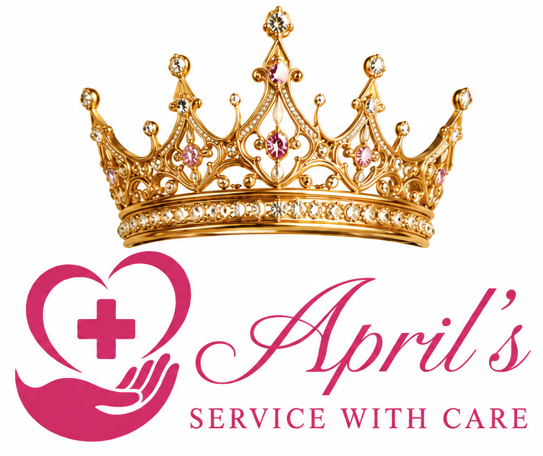 Gold crown above pink heart-and-hand logo with &ldquo;April&rsquo;s Service With Care&rdquo; text