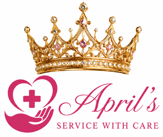 Gold crown above pink heart-and-hand logo with &ldquo;April&rsquo;s Service With Care&rdquo; text