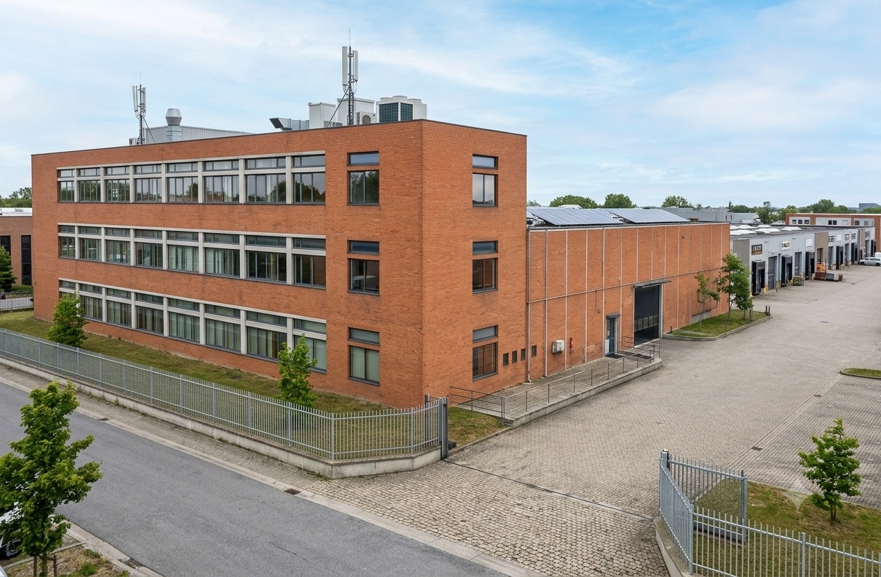 Edificio in mattoni e magazzino con cortile in ciottoli, a cui si accede tramite un cancello metallico.