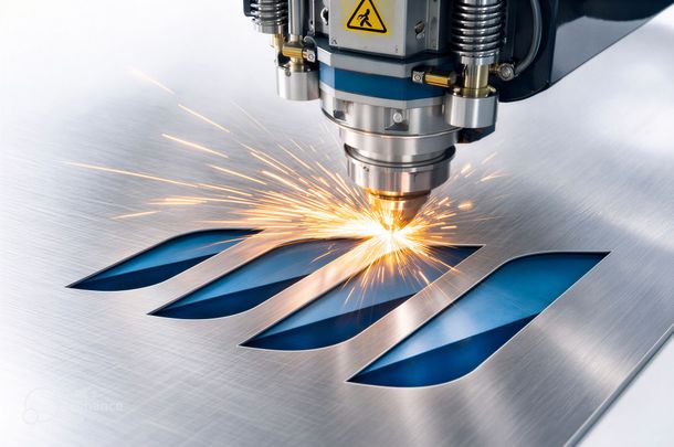 Il laser taglia il metallo, emettendo scintille e luce brillanti in un ambiente industriale.