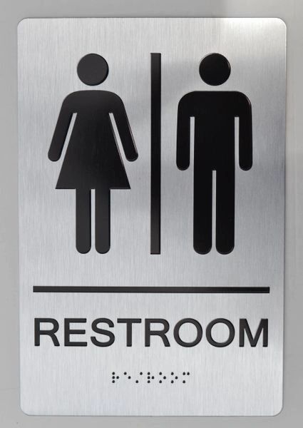 Cartello del bagno con figure stilizzate di uomini e donne e la scritta 