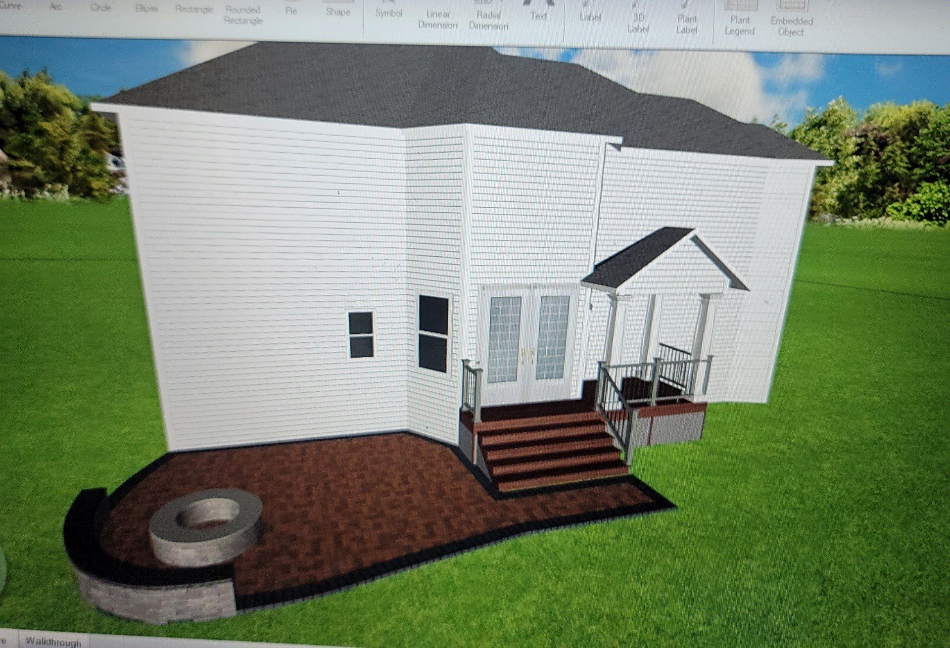3D house model with white siding, dark roof, front steps, small porch, and a circular patio in a green yard