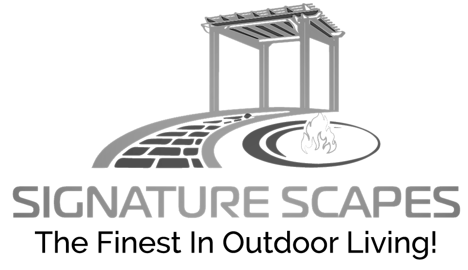 Signature Scapes logo with patio pergola and fire pit, tagline “The Finest In Outdoor Living”
