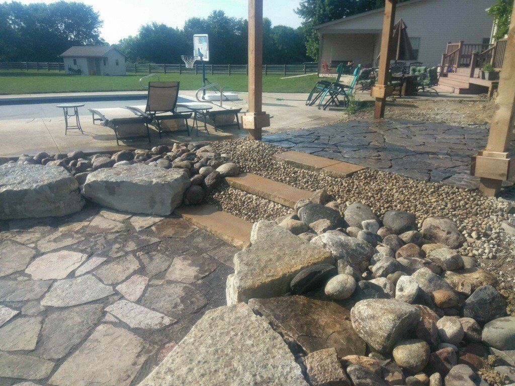 Stone patio with fire pit, lounge chairs, and a backyard pool area beside a house.