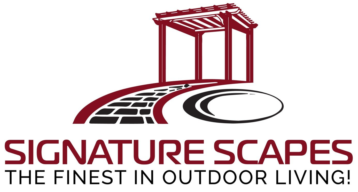 Signature Scapes logo with red pergola and pathway; tagline reads “The Finest in Outdoor Living!”