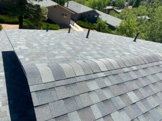 Gray shingled roof with vents, seen from above near suburban homes and trees