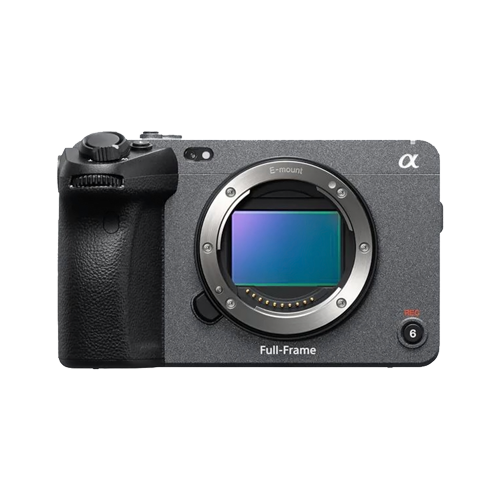 Appareil photo hybride plein format Sony Alpha, boîtier gris, poignée et viseur noirs, monture d'objectif visible.