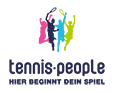 Das Logo von Tennis People zeigt eine Gruppe von Leuten, die Tennis spielen.