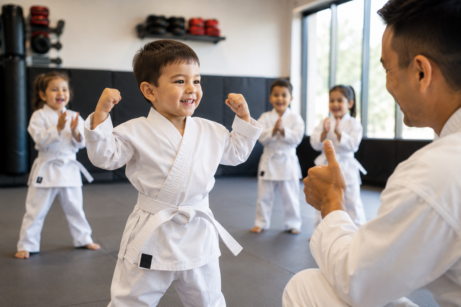 A group of young girls are practicing karate in a gym.