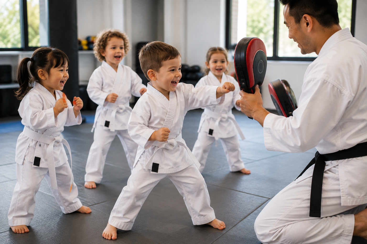 A group of young children in karate uniforms are posing for a picture.