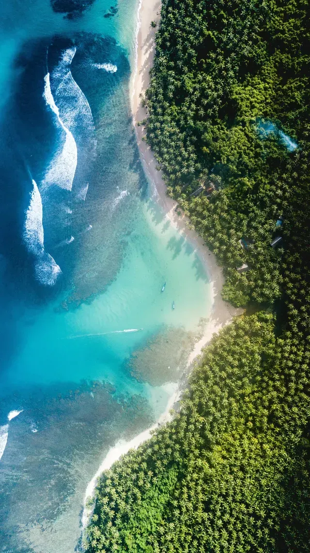 Aerial view of a turquoise ocean meeting a green, forested island, waves crashing on the water.