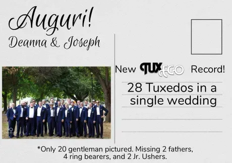 Wedding postcard with photo of 20 men in tuxedos, celebrating