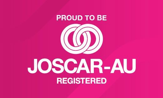 Pink logo reading “Proud to be JOSCAR-AU registered” with interlocking rings icon