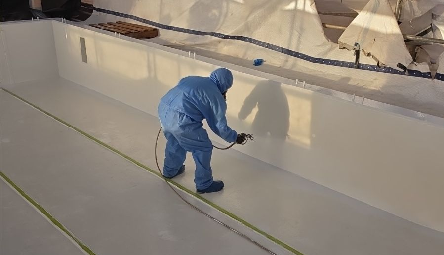 Worker in blue coveralls painting a white boat hull with a spray gun.