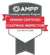 AMPP Senior Certified Coatings Inspector badge logo in gray, red, and white