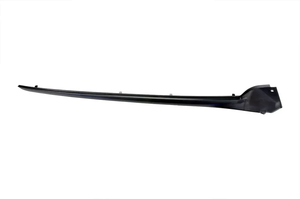 Black car bumper molding against a white background.
