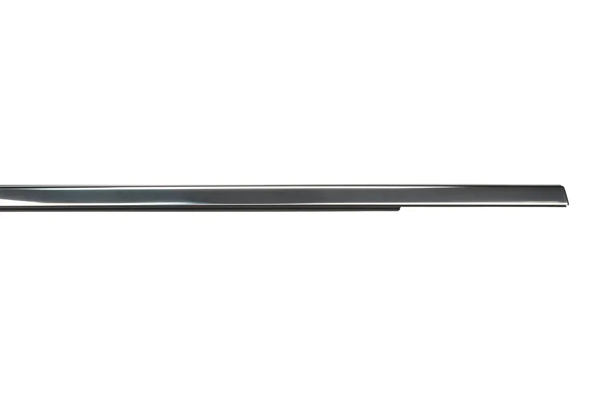 Chrome side molding, horizontal, with a stepped end.