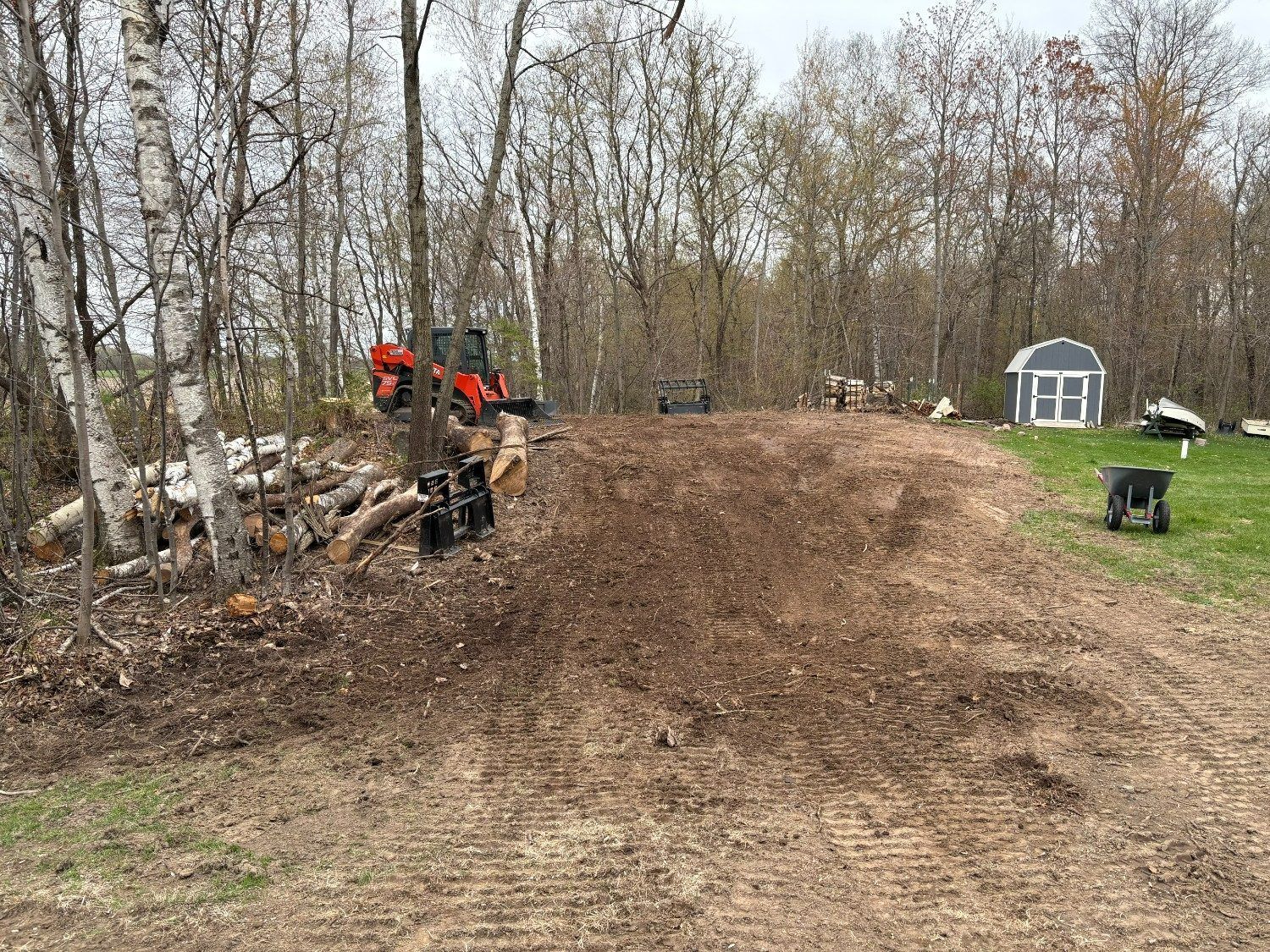 Two orange chainsaws beside a dirt mound in a wooded yard with a small shed in the background