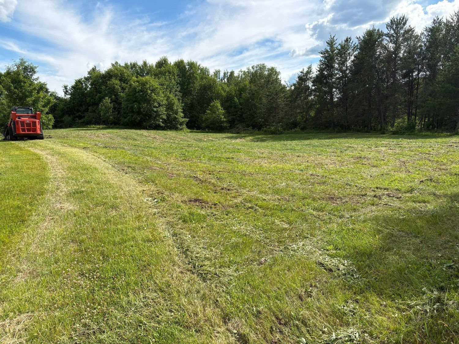 Red tractor mowing a green field beside a tree line under a partly cloudy sky