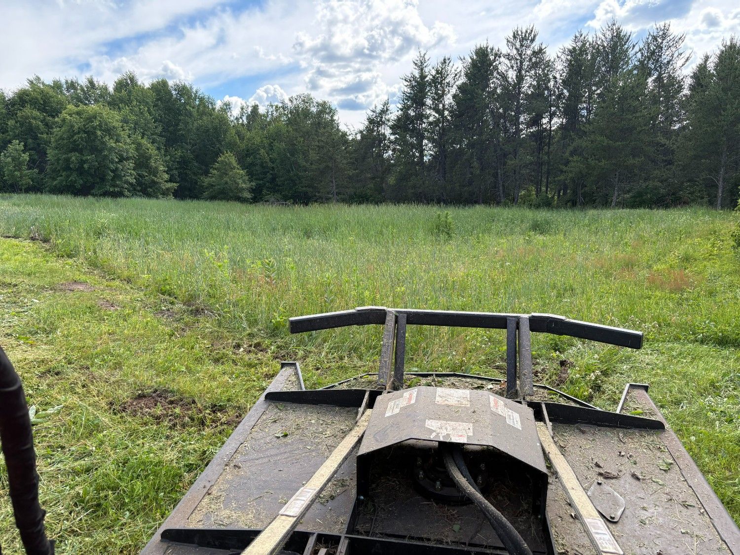 View from an off-road vehicle looking over a grassy field and tree line under a cloudy sky