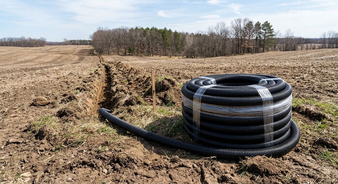 Coiled black drainage pipe beside a trench in a dry, open field