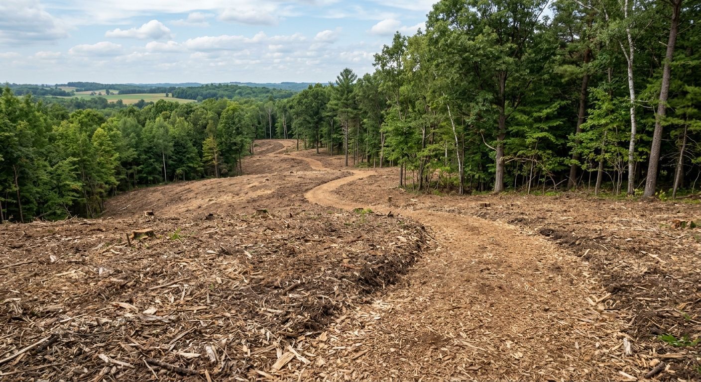 Cleared dirt trail winding through a wooded hillside with green trees and a distant valley view