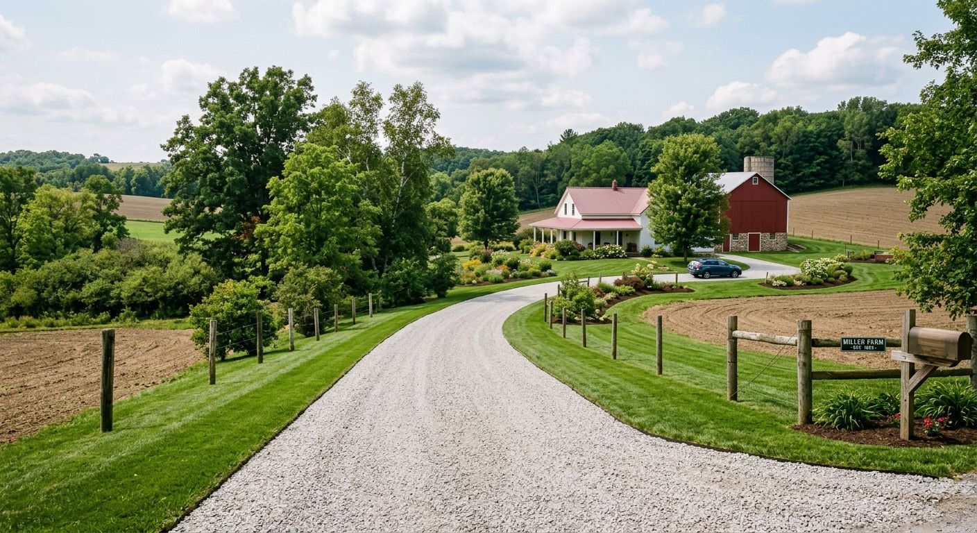 Curving gravel driveway through green fields leading to a farmhouse and red barn on a sunny day