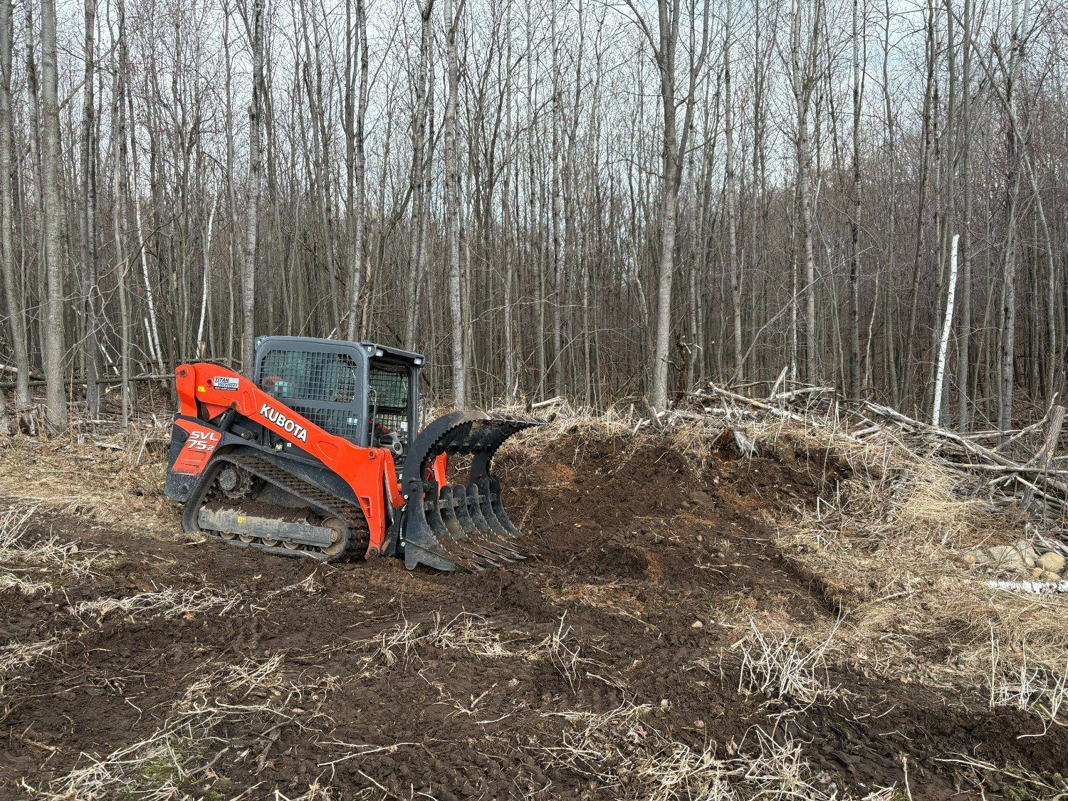 Orange skid steer pushing dirt in a muddy clearing with bare trees in the background
