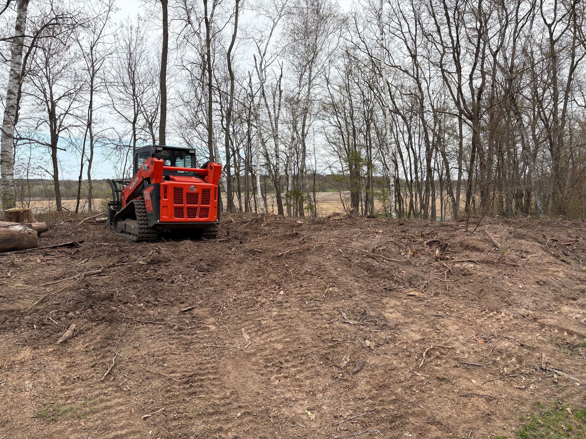 Red forestry machine clearing brush in a leafless woodland field