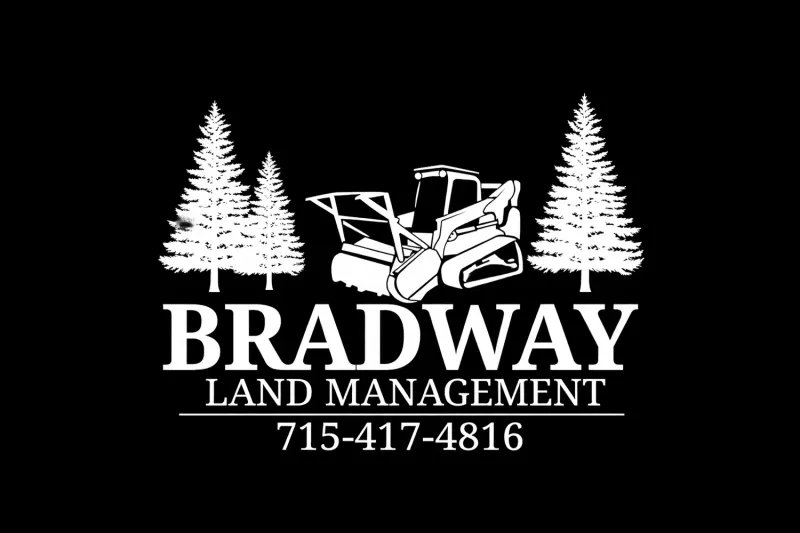 Bradway Land Management logo with white excavator and pine trees on black, phone 715-417-4816