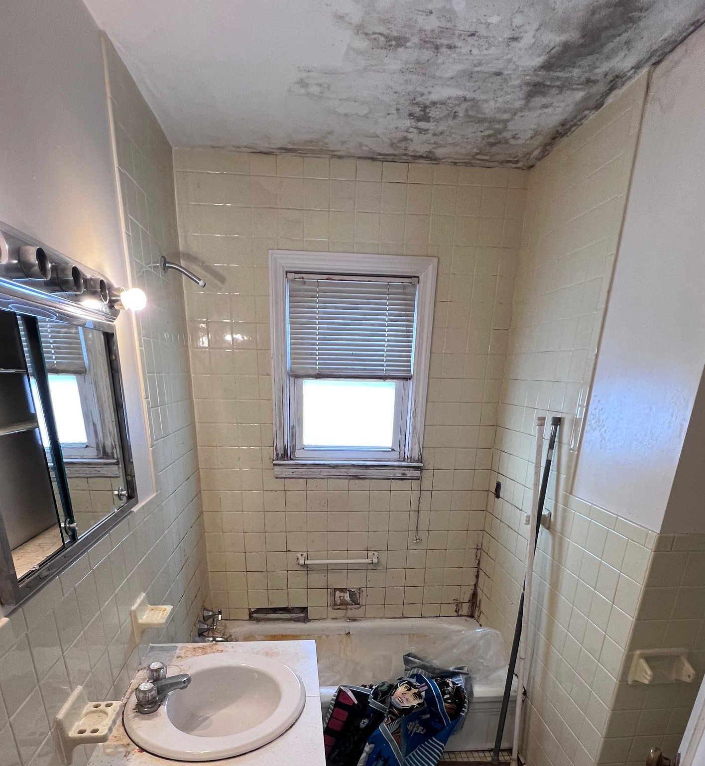 Small bathroom with mold on the ceiling above a bathtub and window, sink in foreground.