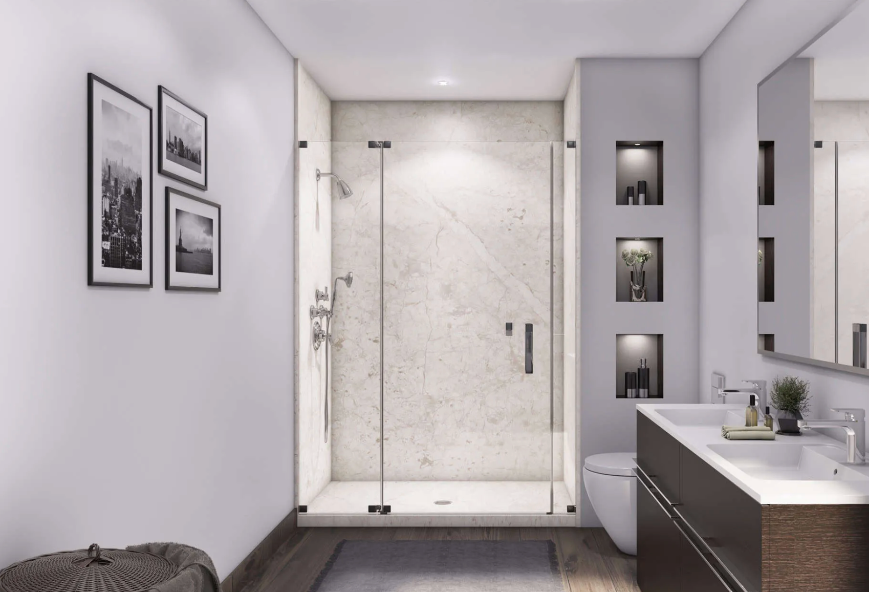 Modern bathroom with glass shower, double vanity, wall art, and gray tile flooring.