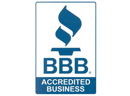 a blue and white bbb accredited business logo on a white background .