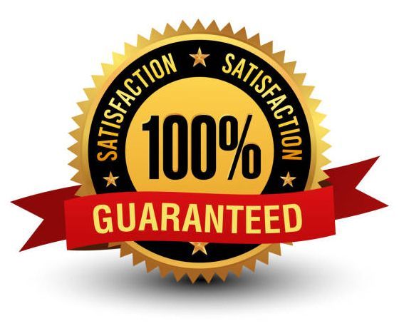 a 100 % satisfaction guaranteed seal with a red ribbon