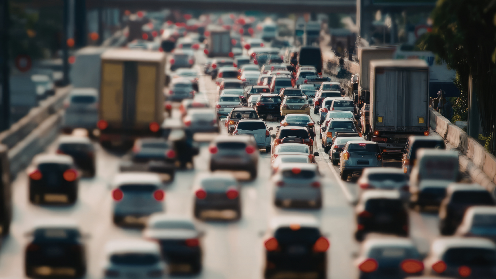 Heavy traffic on a multi-lane highway, with many cars and trucks viewed from an elevated perspective.