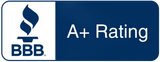 BBB A+ Rating logo. A flame logo in a white box, followed by a dark blue box with white text.